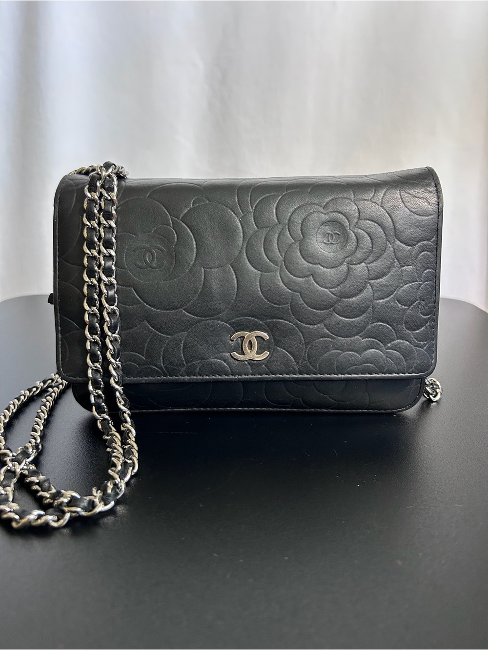 CHANEL Authentic Wallet on a Chain WOC in Black Camellia Leather